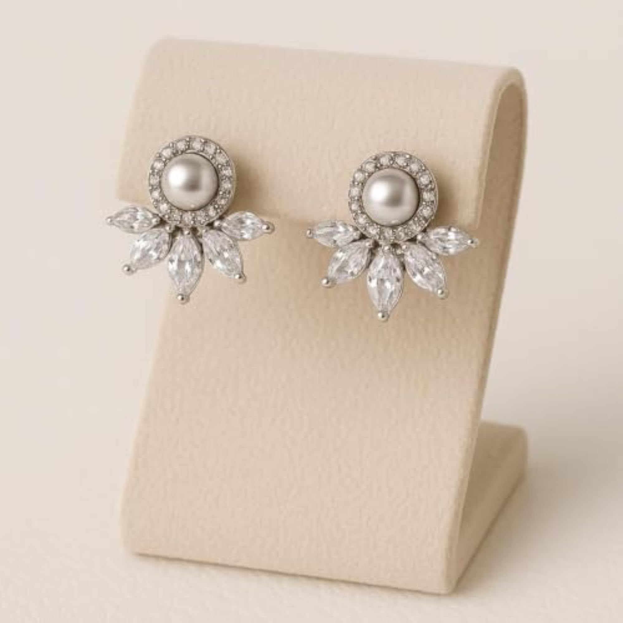 Women's Pearl Silver Floral CZ Stud Earrings, Elegant Gift